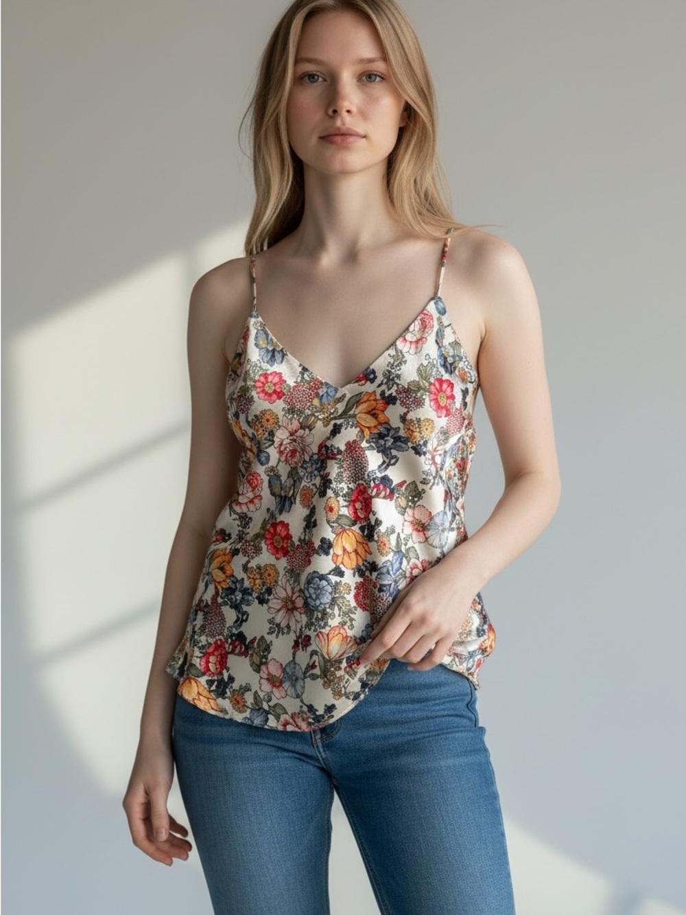 Cream Floral Satin V-Neck Cami with Multicolor Flowers, Date Night Silk Cami